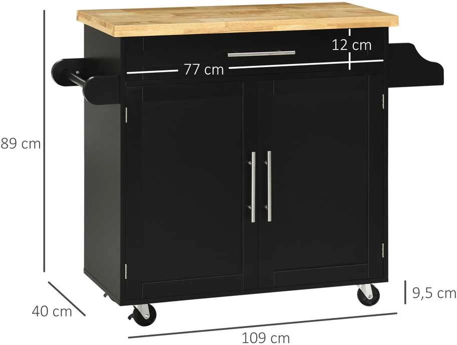 HOMCOM virtuvinis vežimėlis, serviravimo vežimėlis su stalviršiu, prieskonių lentyna, rankšluosčių laikikliu svetainei, valgomajam, juodas, 109 x 40 x 89 cm