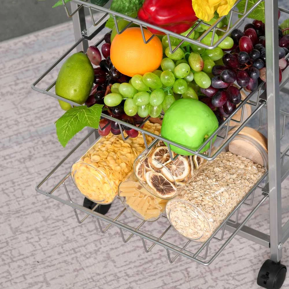 HOMCOM serviravimo vežimėlis virtuvinis vežimėlis su metaliniais krepšiais 36,5 x 36,5 x 89 cm virtuvės vežimėlis pagalbinis vežimėlis sidabrinės spalvos virtuvei ir valgomajam