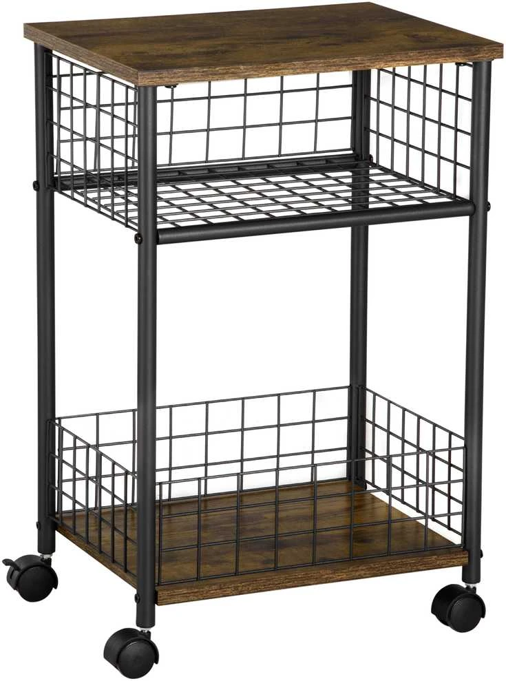 HOMCOM virtuvinis vežimėlis, serviravimo vežimėlis su stalviršiu, 2 laikymo krepšiais, 360° pasukamais ratukais, kaimiška ruda spalva, 40x30x62 cm
