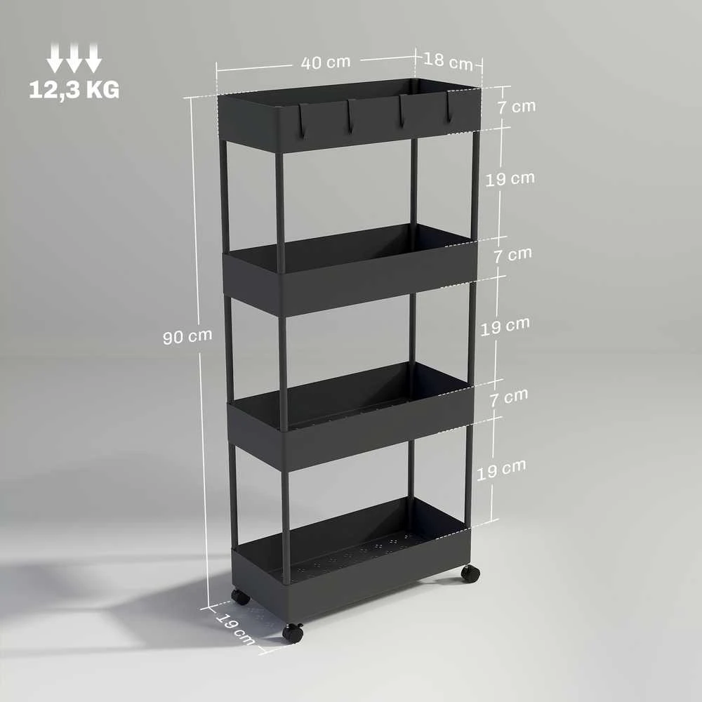 HOMCOM Vežimėlis, 4 lygių virtuvės lentyna, lentyna su ratukais, virtuvės vežimėlis su stabdžiais, virtuvės, miegamojo, svetainės serviravimo vežimėlis, plastikinis, juodas, 40 x 19 x 90 cm
