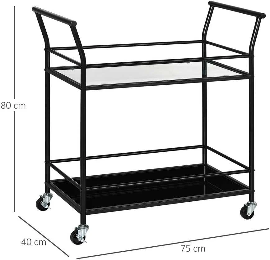 HOMCOM virtuvinis vežimėlis, serviravimo vežimėlis su 2 lentynomis, vežimėlis ant ratukų, metalinis laikymo vežimėlis, juodas, 75 x 40 x 80 cm