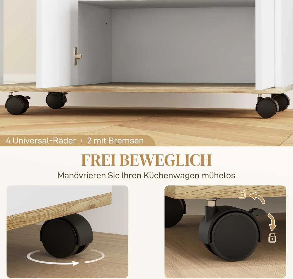 HOMCOM virtuvinis vežimėlis, serviravimo staliukas su spintele, slankiojančiomis ir reguliuojamomis lentynomis, vežimėlis su stalviršiu, ratukais valgomajam, 80 x 40 x 82 cm, baltas