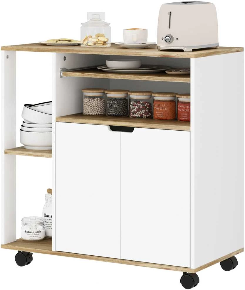 HOMCOM virtuvinis vežimėlis, serviravimo staliukas su spintele, slankiojančiomis ir reguliuojamomis lentynomis, vežimėlis su stalviršiu, ratukais valgomajam, 80 x 40 x 82 cm, baltas