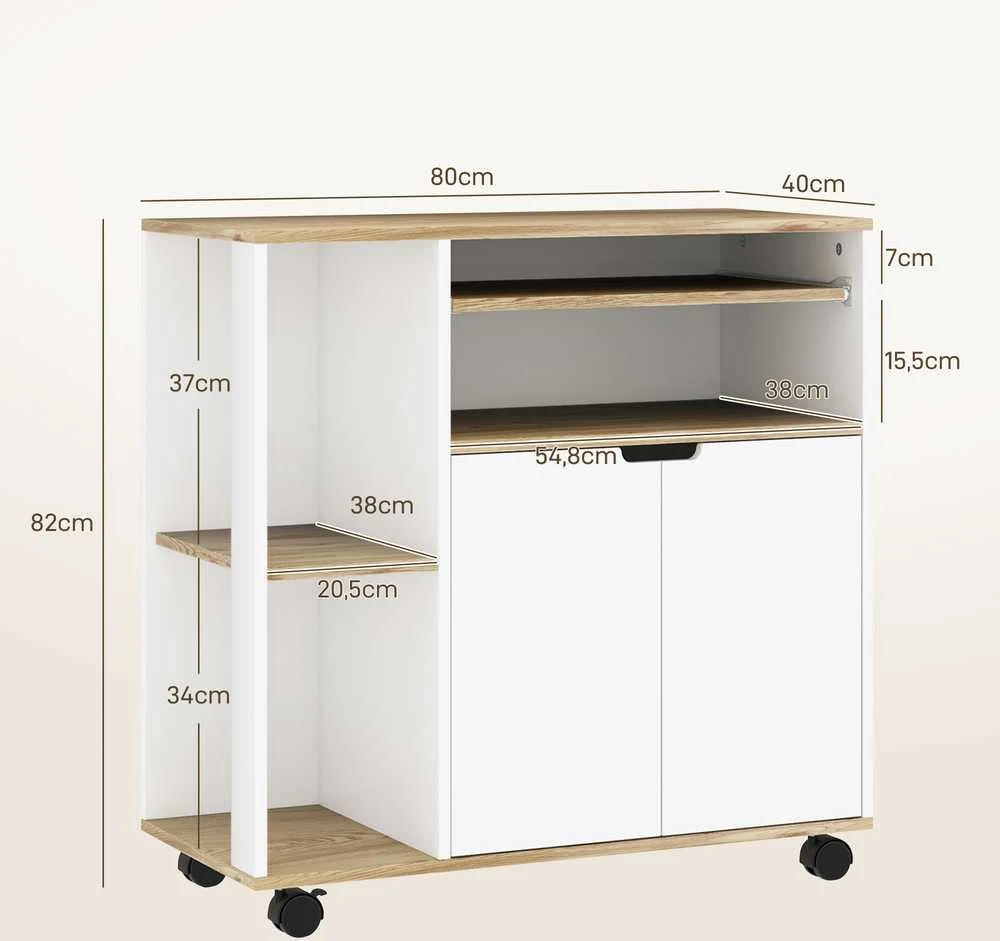 HOMCOM virtuvinis vežimėlis, serviravimo staliukas su spintele, slankiojančiomis ir reguliuojamomis lentynomis, vežimėlis su stalviršiu, ratukais valgomajam, 80 x 40 x 82 cm, baltas