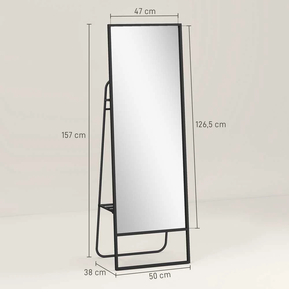 HOMCOM viso ūgio veidrodis 157 x 50 cm, stačiakampis pastatomas veidrodis su lentyna, 2 kabliukais ir metaliniu rėmu, didelis veidrodis, veidrodis persirengimui miegamajam, svetainei, prieškambariui, juodas