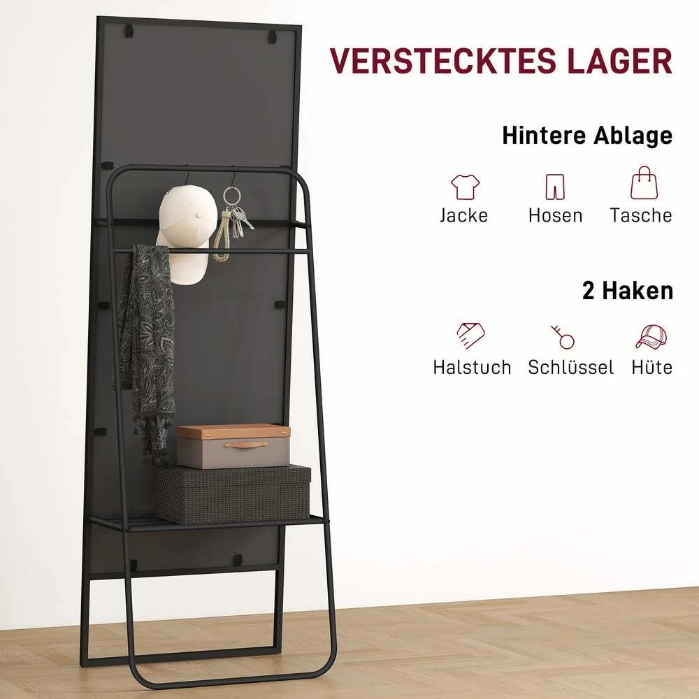 HOMCOM viso ūgio veidrodis 157 x 50 cm, stačiakampis pastatomas veidrodis su lentyna, 2 kabliukais ir metaliniu rėmu, didelis veidrodis, veidrodis persirengimui miegamajam, svetainei, prieškambariui, juodas
