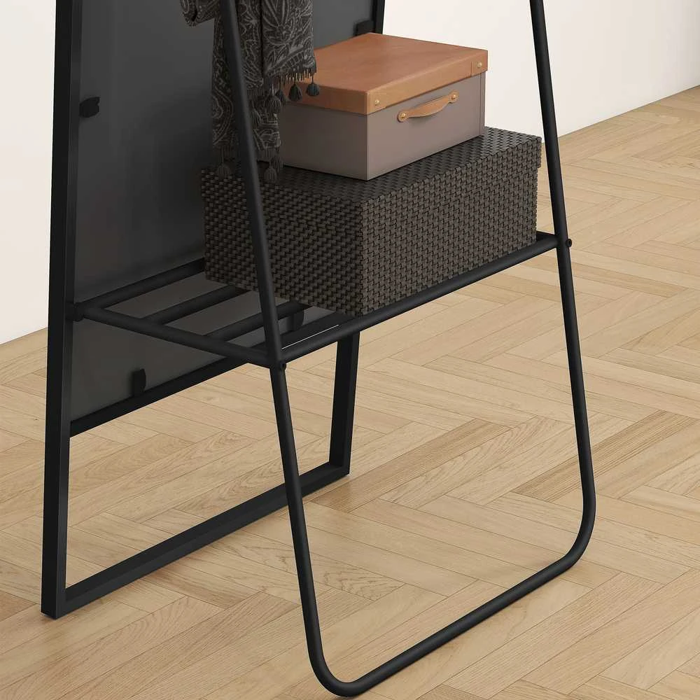 HOMCOM viso ūgio veidrodis 157 x 50 cm, stačiakampis pastatomas veidrodis su lentyna, 2 kabliukais ir metaliniu rėmu, didelis veidrodis, veidrodis persirengimui miegamajam, svetainei, prieškambariui, juodas