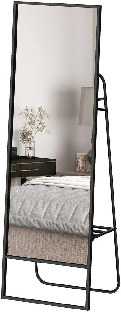HOMCOM viso ūgio veidrodis 157 x 50 cm, stačiakampis pastatomas veidrodis su lentyna, 2 kabliukais ir metaliniu rėmu, didelis veidrodis, veidrodis persirengimui miegamajam, svetainei, prieškambariui, juodas