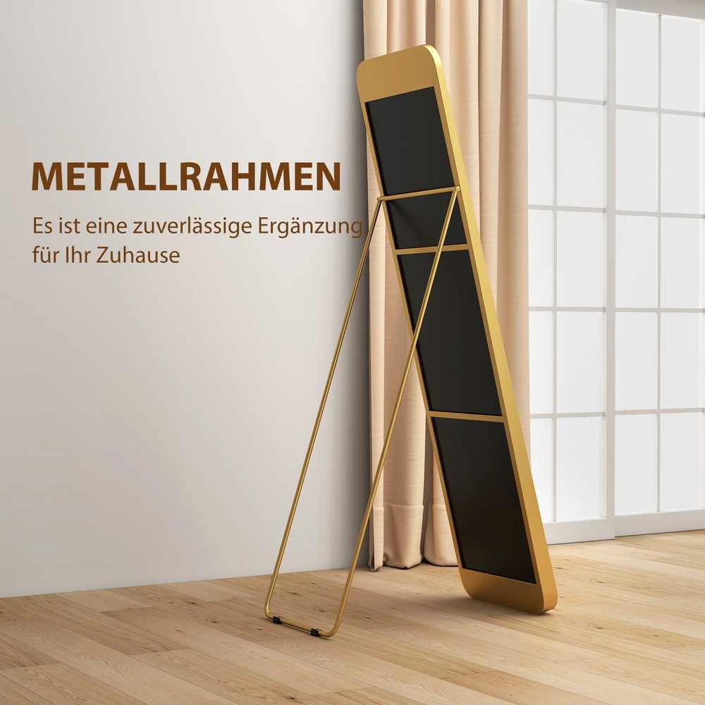 HOMCOM viso ūgio veidrodis 160 x 40 cm, siaurėjantis pastatomas veidrodis su metaliniu rėmu ir dūžiams atspariu stiklu, sieninis veidrodis statymui, atraišai, veidrodis svetainei, miegamajam, prieškambariui, auksinis