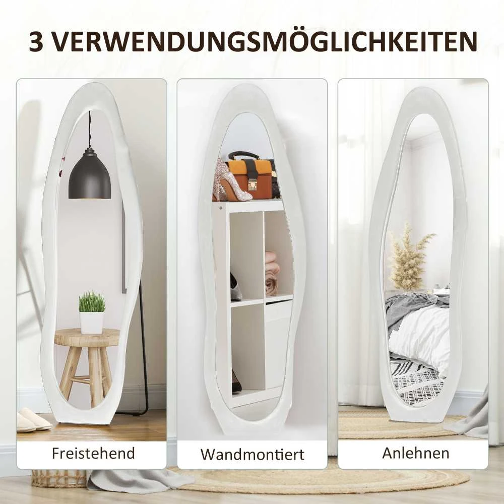 HOMCOM viso ūgio veidrodis 50 x 160 cm, pastatomas veidrodis su aksominiu rėmo apmušalu, netaisyklingas banguotas sieninis veidrodis miegamajam, svetainei, baltas