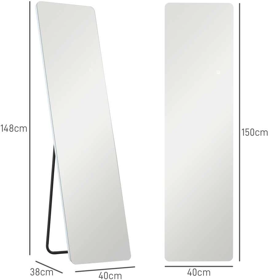 HOMCOM viso ūgio veidrodis, 150 x 40 cm pastatomas veidrodis su LED apšvietimu, 3 šviesos spalvos, sieninis veidrodis su stovu, jutiklinis jungiklis miegamajam, svetainei, skaidrus