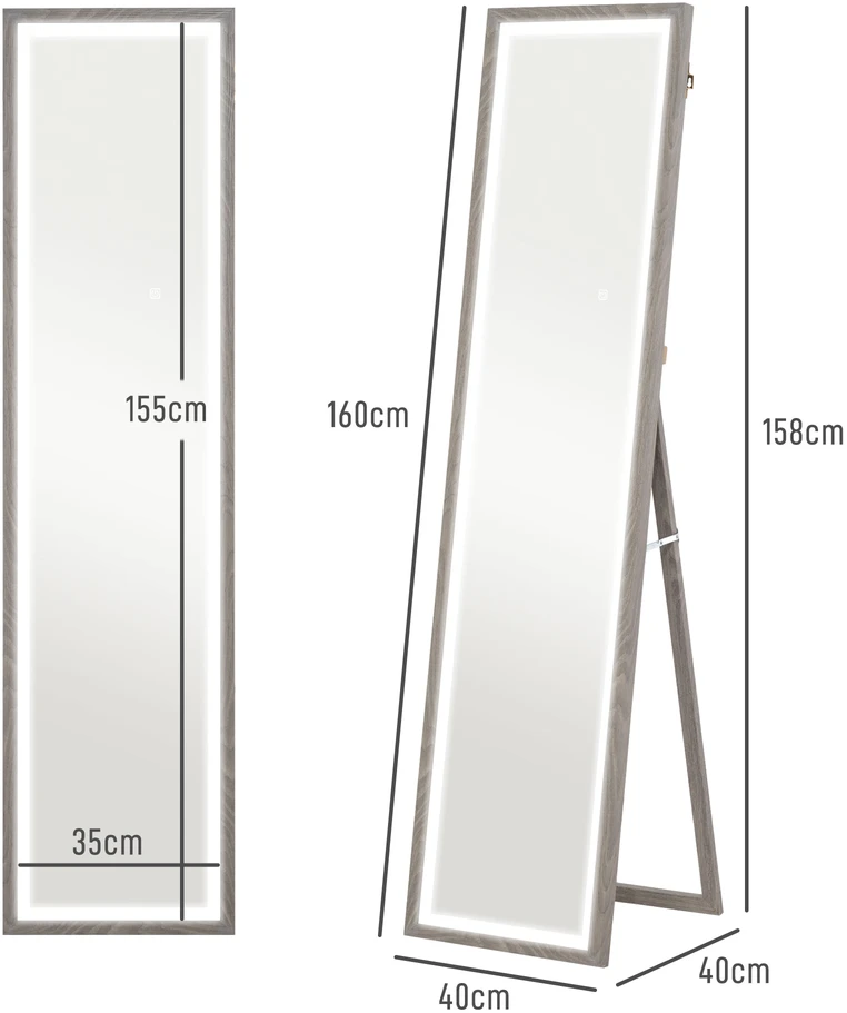 HOMCOM viso ūgio veidrodis 40 x 160 cm, pastatomas veidrodis su LED apšvietimu, 3 šviesos spalvos, sieninis veidrodis su jutikliniu valdymu, grindinis veidrodis miegamajam, svetainei, pilkas