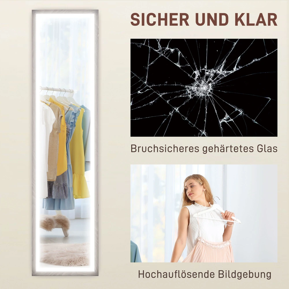HOMCOM viso ūgio veidrodis 40 x 160 cm, pastatomas veidrodis su LED apšvietimu, 3 šviesos spalvos, sieninis veidrodis su jutikliniu valdymu, grindinis veidrodis miegamajam, svetainei, pilkas