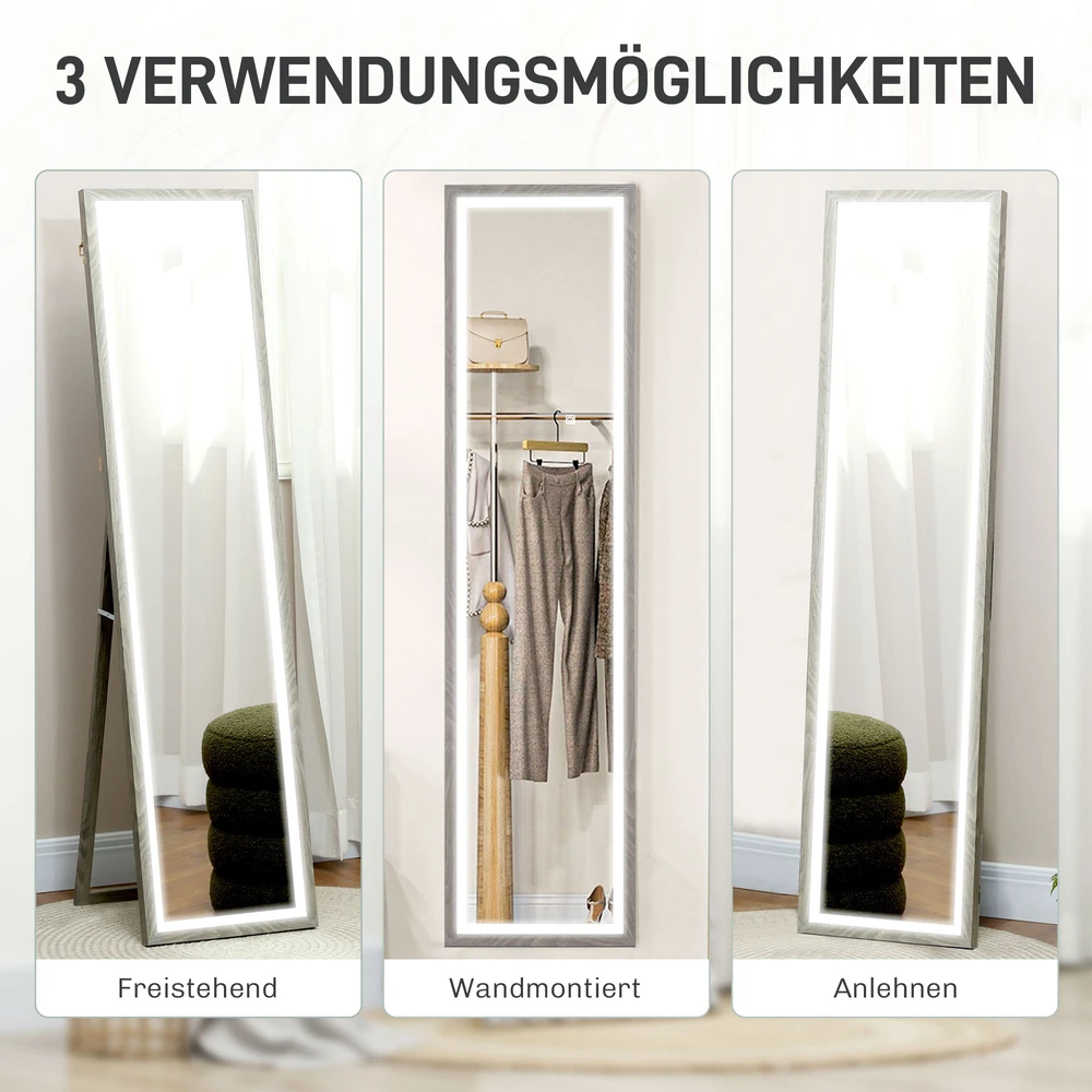 HOMCOM viso ūgio veidrodis 40 x 160 cm, pastatomas veidrodis su LED apšvietimu, 3 šviesos spalvos, sieninis veidrodis su jutikliniu valdymu, grindinis veidrodis miegamajam, svetainei, pilkas