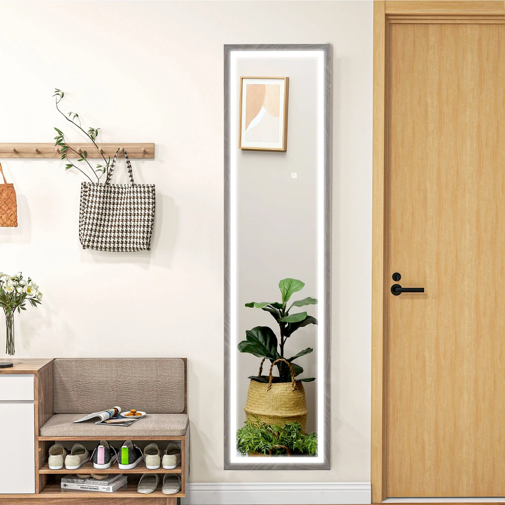 HOMCOM viso ūgio veidrodis 40 x 160 cm, pastatomas veidrodis su LED apšvietimu, 3 šviesos spalvos, sieninis veidrodis su jutikliniu valdymu, grindinis veidrodis miegamajam, svetainei, pilkas
