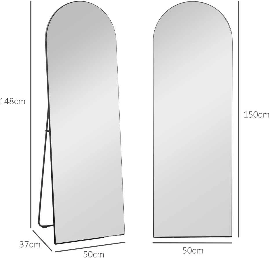 HOMCOM veidrodis per visą ūgį, 150 x 50 cm sieninis veidrodis su stovu, arkos formos dizainas, pastatomas veidrodis su apsaugine plėvele nuo dūžių, svetainei, miegamajam, juodas