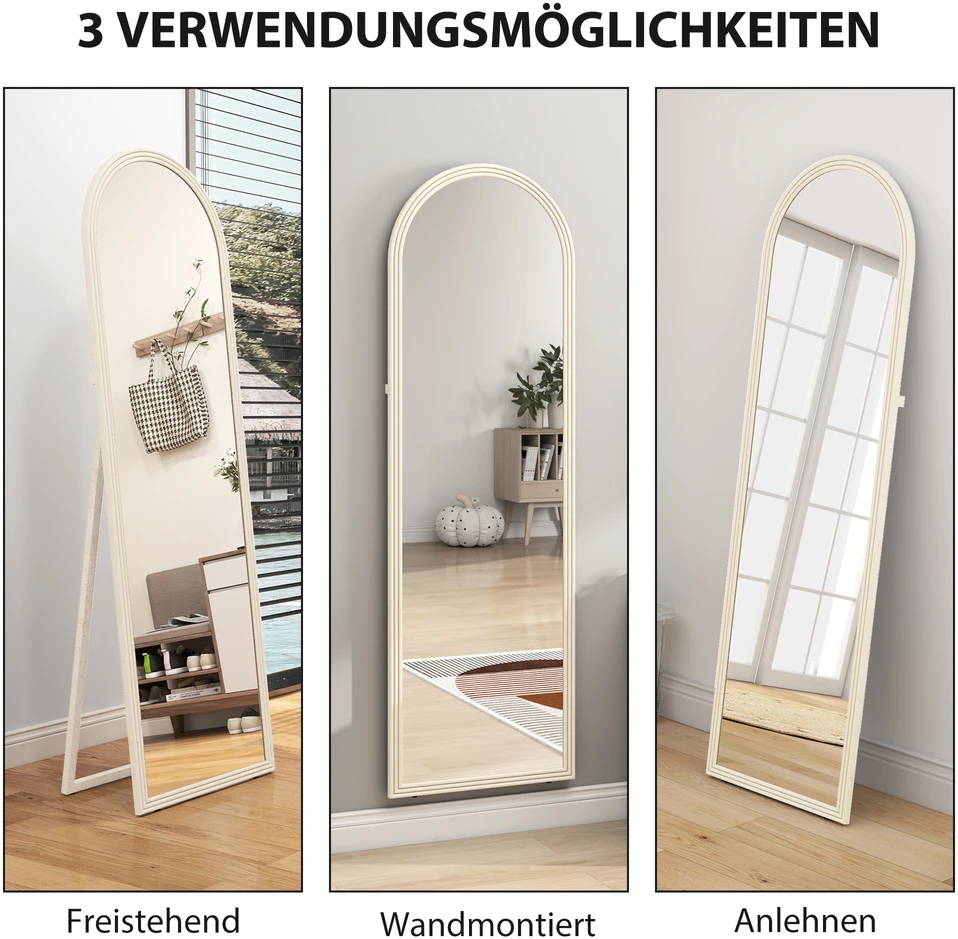 HOMCOM viso ūgio veidrodis, 50 x 160 cm, pastatomas, montuojamas ant sienos, arkiniu rėmu, baltas