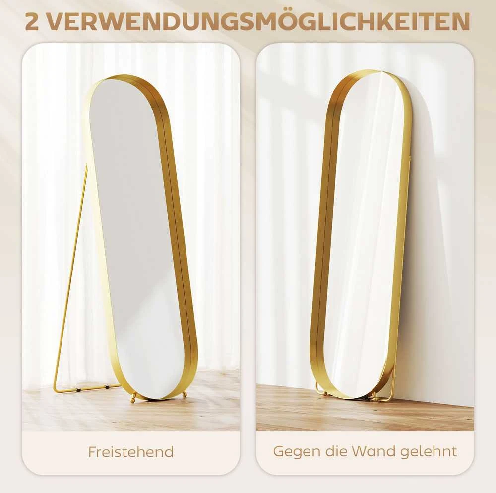 HOMCOM viso ūgio veidrodis 160 x 50 cm, arkinis pastatomas veidrodis su metaliniu rėmu ir nedūžtančiu stiklu, sieninis veidrodis, statomas arba atremiamas, tinka svetainei, miegamajam, koridoriui, auksinis