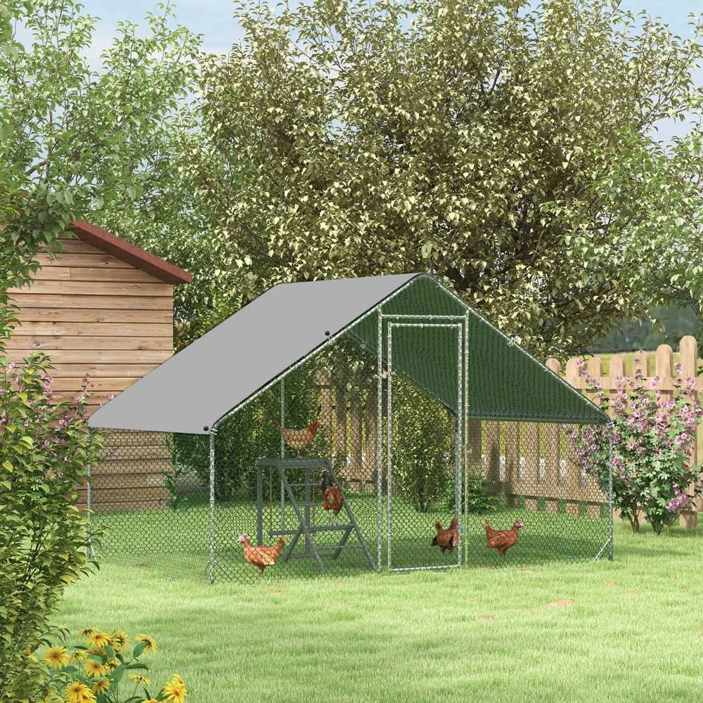 PawHut plieno vištidės voljeras, 300 x 200 x 200 cm vištų narvas su stogeliu, durelėmis, vištidė 4-6 vištoms, smulkiems gyvūnams, sidabrinė