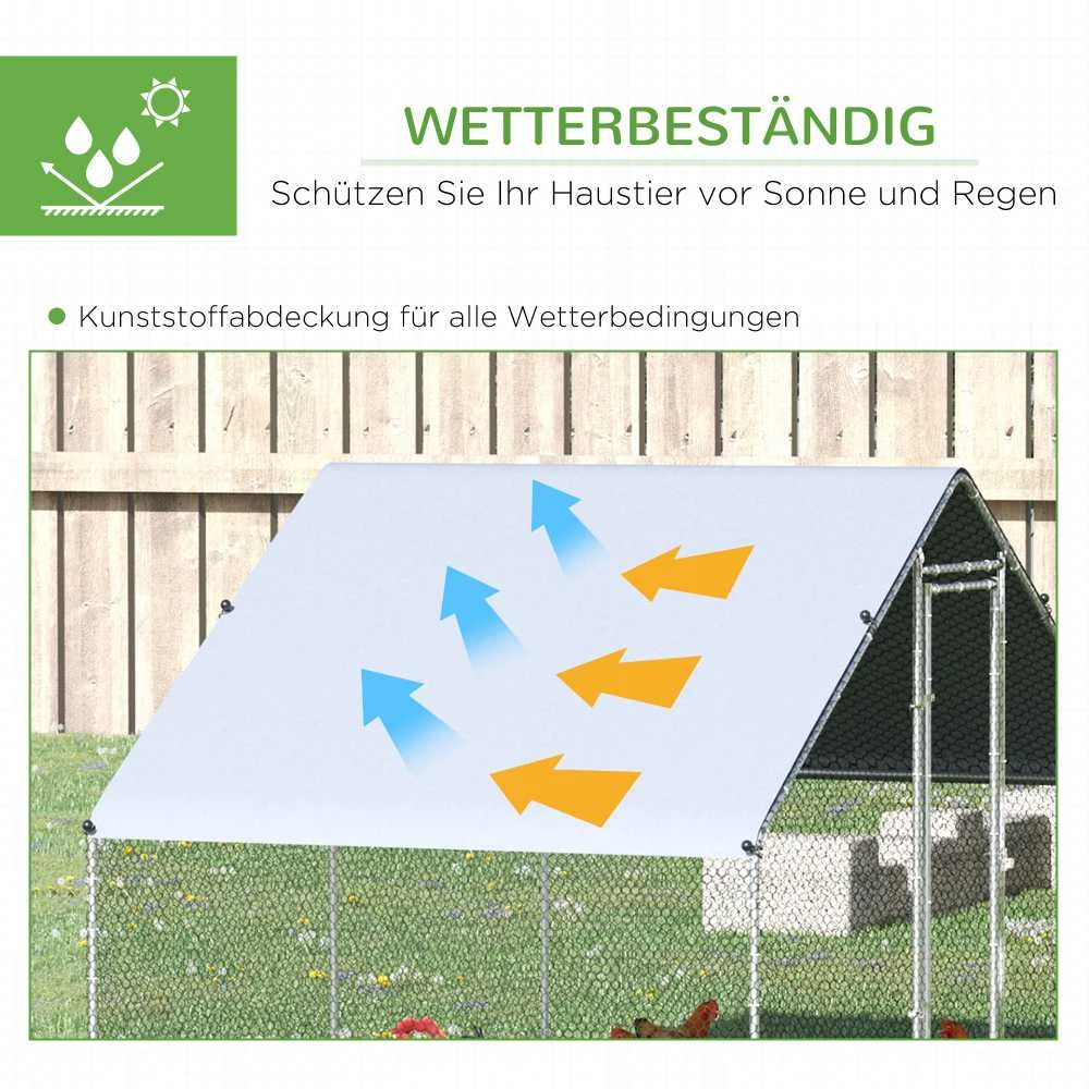 PawHut plieno vištidės voljeras, 300 x 200 x 200 cm vištų narvas su stogeliu, durelėmis, vištidė 4-6 vištoms, smulkiems gyvūnams, sidabrinė