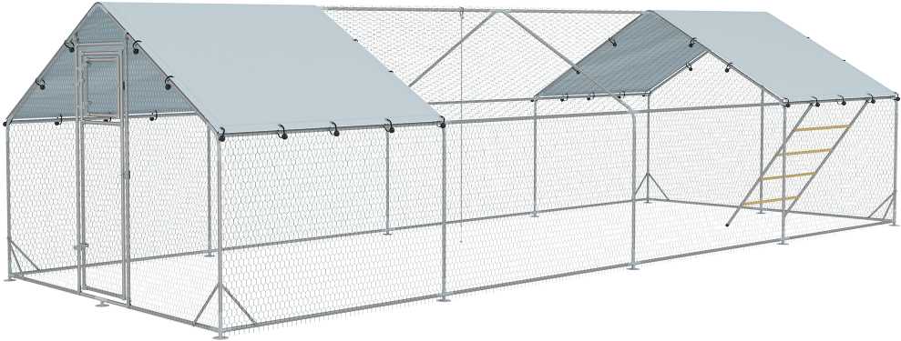 PawHut vištidė su voljeru, plieninė, 300 x 800 x 195 cm, vištų narvas su UV spinduliams atspariu stogeliu, šėrimo durelėmis, pakabinama šėrykla, laktomis, voljeras 24-30 vištų, smulkiems gyvūnams, sidabrinė