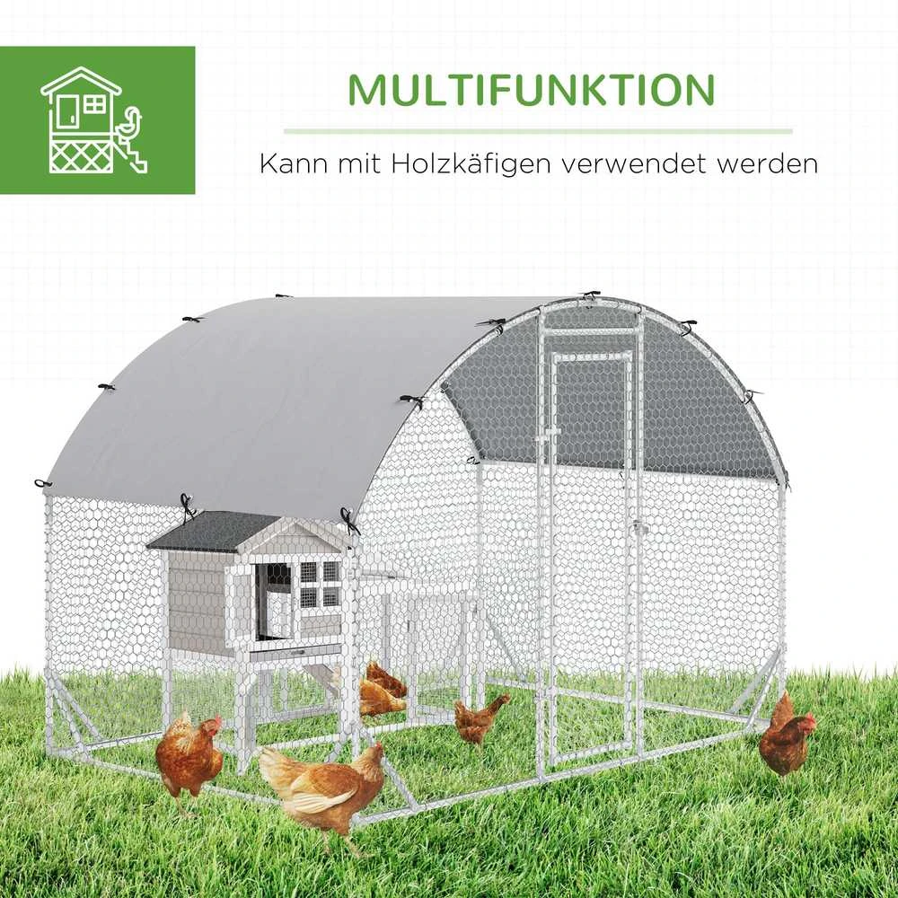 PawHut plieno vištidės voljeras, 280 x 190 x 197 cm vištidės narvas su UV spinduliams atspariu stogu, durelėmis, vištidė 4–6 vištoms, smulkiems gyvūnams, sidabrinė