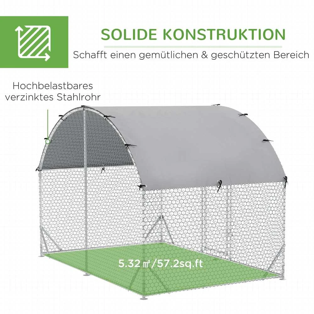 PawHut plieno vištidės voljeras, 280 x 190 x 197 cm vištidės narvas su UV spinduliams atspariu stogu, durelėmis, vištidė 4–6 vištoms, smulkiems gyvūnams, sidabrinė