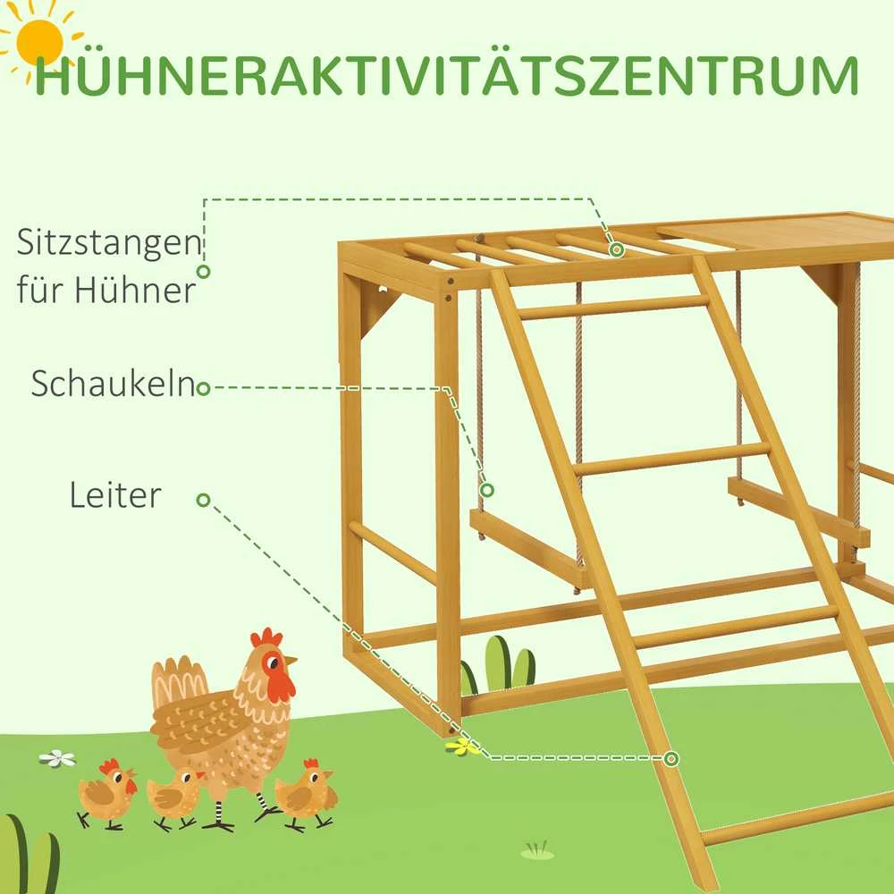 PawHut medinis žaidimų kompleksas vištoms, vištų žaidimų aikštelė su sūpynėmis ir kopėčiomis, laipynė 3-4 vištoms, natūralios medienos