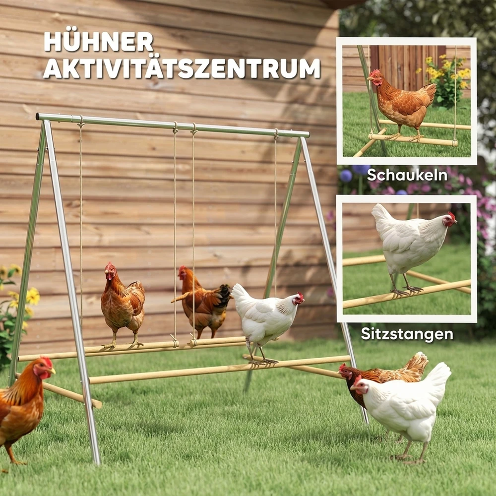 Vištų žaidimų konstrukcija su 2 reguliuojamomis sūpynėmis, sidabro ir natūralios medienos, 102 × 87 × 110 cm