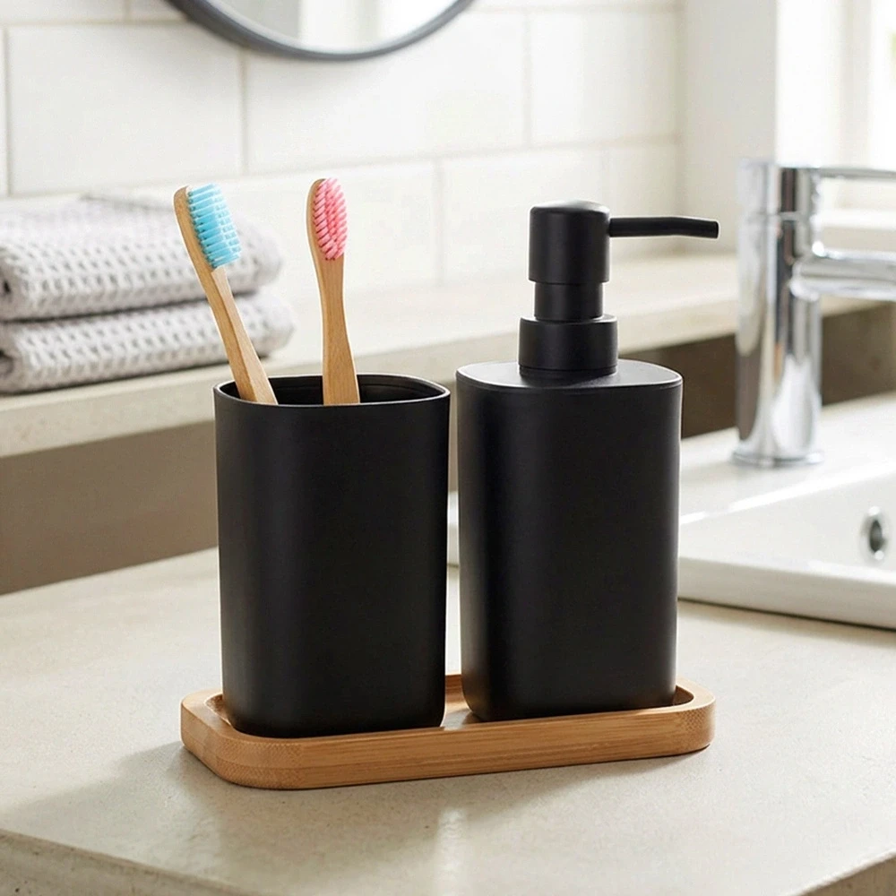 Bathroom Solutions Vonios aksesuarų rinkinys su muilo dozatoriumi, juodas, 3 dalių