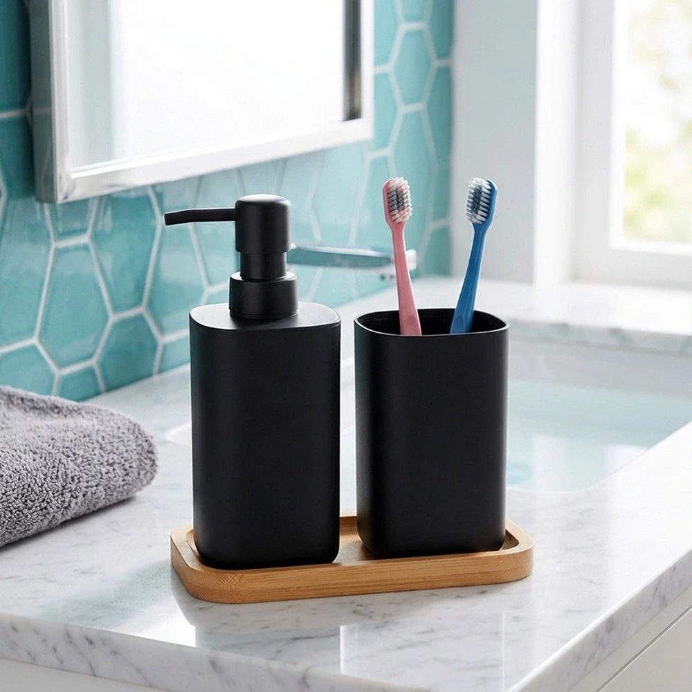 Bathroom Solutions Vonios aksesuarų rinkinys su muilo dozatoriumi, juodas, 3 dalių