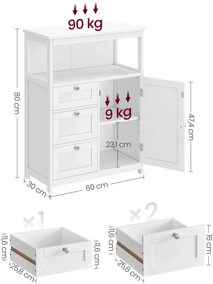 Songmics Vasagle Vonios spintelė 30 x 60 x 80 cm su 3 stalčiais