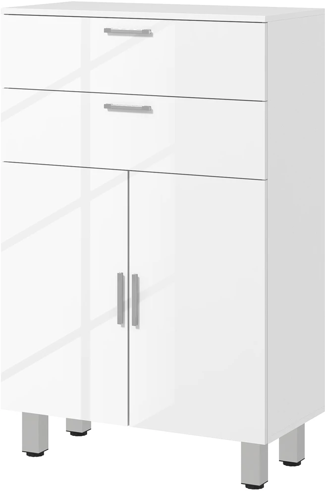 kleankin Vonios spintelė, šoninė spintelė su 2 blizgiais baltos spalvos stalčiais, durelėmis, vonios spintelė su reguliuojama lentyna, laikymo spintelė svetainei, 60 x 30 x 93 cm