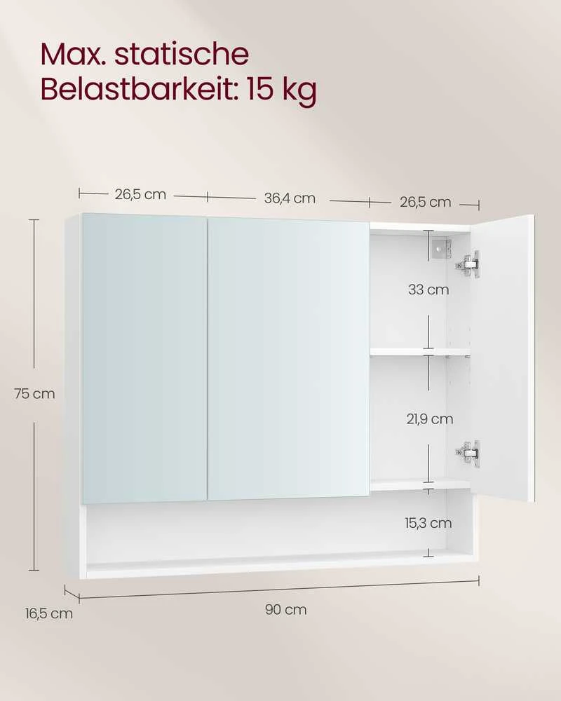 Songmics Vasagle Vonios spintelė su 3 durelėmis 16,5 x 90 x 75 cm debesų spalvos balta