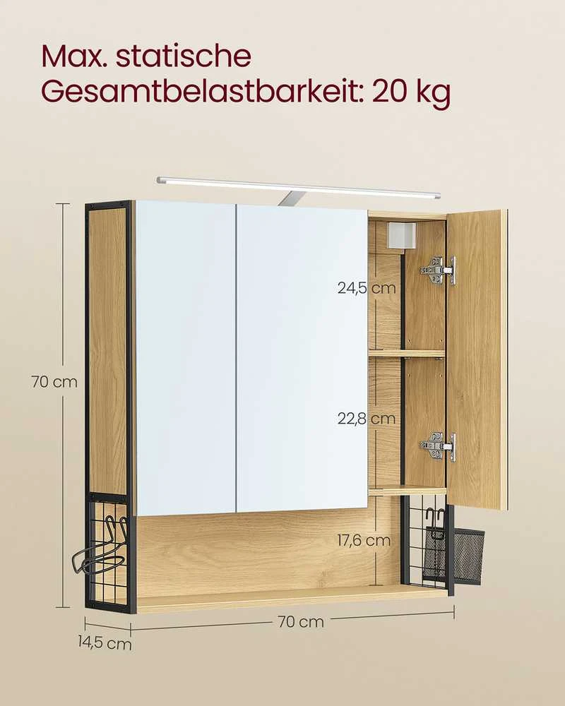 Songmics Vasagle Vonios spintelė su LED apšvietimu 14,5 x 70 x 70 cm natūralaus ąžuolo spalvos