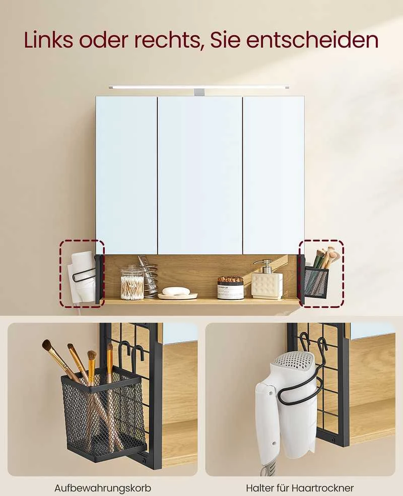Songmics Vasagle Vonios spintelė su LED apšvietimu 14,5 x 70 x 70 cm natūralaus ąžuolo spalvos