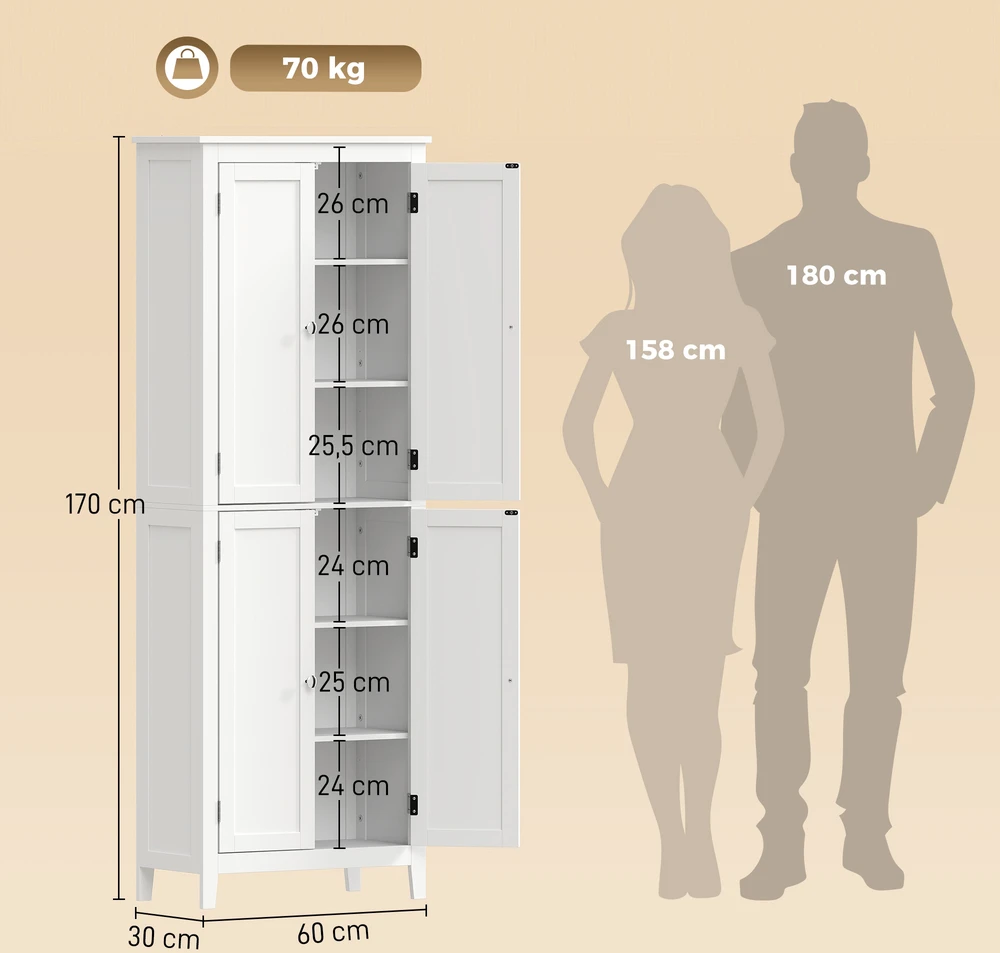 Vonios spintelė su reguliuojamomis lentynomis, laisvai pastatoma, balta, 60 × 30 × 170 cm