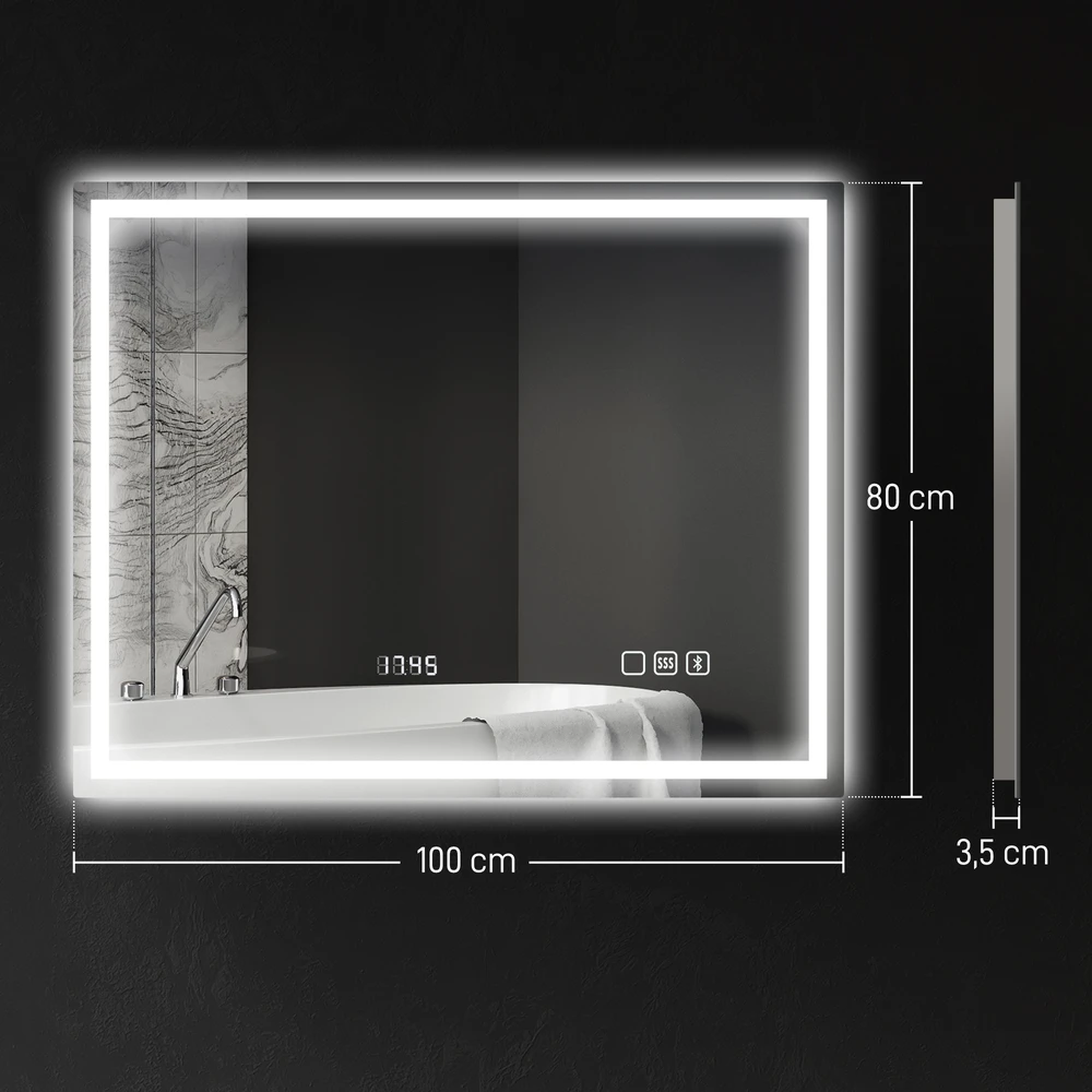 Vonios kambario veidrodis su LED apšvietimu, „Bluetooth“, 80 x 100 cm, jutiklinis jungiklis, reguliuojamas apšvietimas, 3 spalvos, apsauga nuo rasojimo, atminties funkcija, sidabrinis