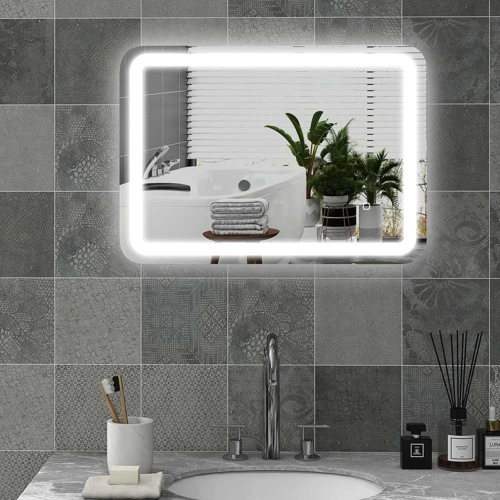 Homcom kleankin vonios veidrodis, 50 x 70 cm LED vonios veidrodis su 3 šviesos spalvomis, sieninis veidrodis su jutikliniu jungikliu, atminties funkcija, apšviečiamas veidrodis su apsauga nuo rasojimo, IP44