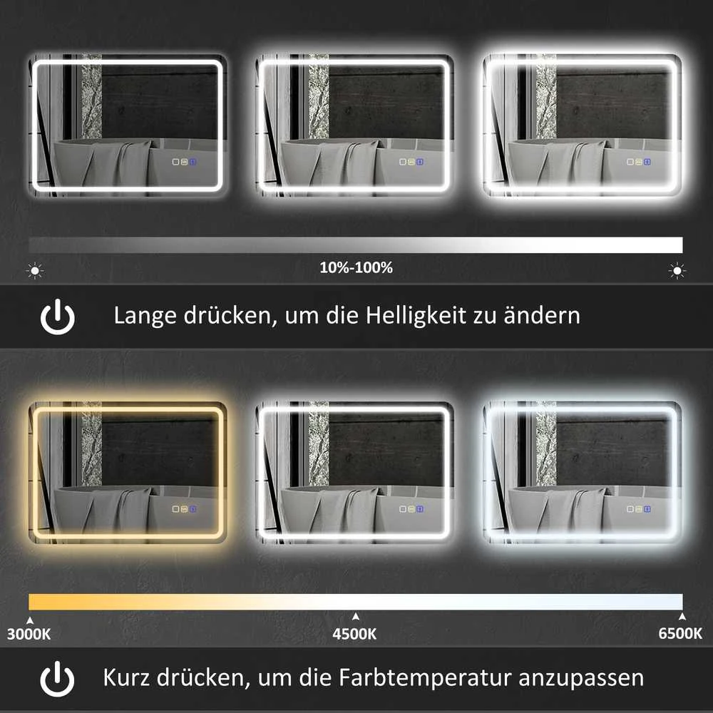 HOMCOM vonios veidrodis su apšvietimu 50x70 cm, LED veidrodis, sieninis veidrodis su „Bluetooth“ muzikos funkcija, jutikliniu jungikliu, atminties funkcija, apsauga nuo rasojimo, 3 šviesos spalvos, sidabrinis