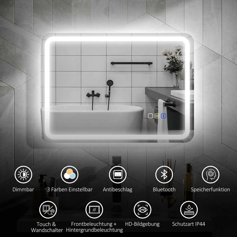 HOMCOM vonios veidrodis su apšvietimu 50x70 cm, LED veidrodis, sieninis veidrodis su „Bluetooth“ muzikos funkcija, jutikliniu jungikliu, atminties funkcija, apsauga nuo rasojimo, 3 šviesos spalvos, sidabrinis