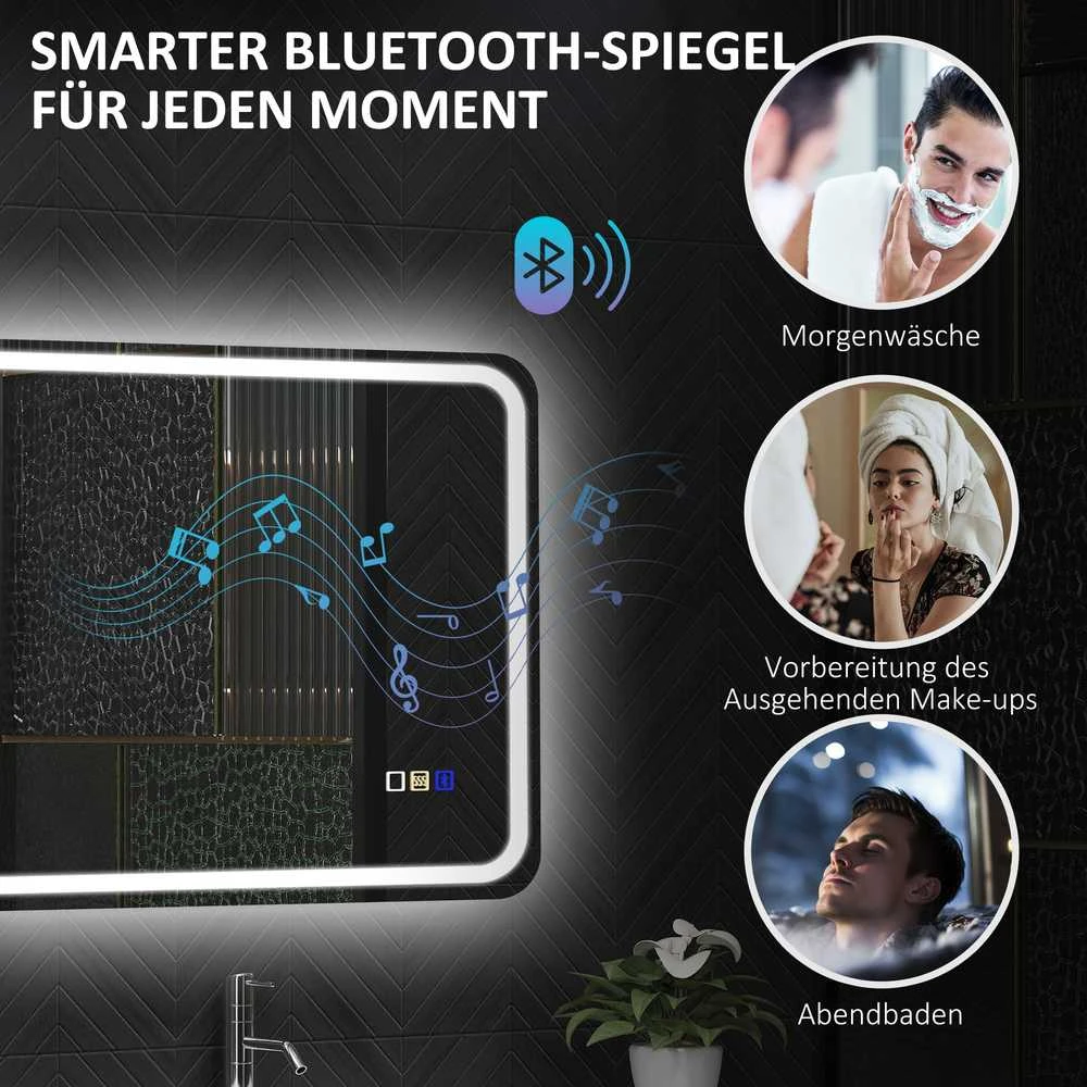 HOMCOM vonios veidrodis su apšvietimu 50x70 cm, LED veidrodis, sieninis veidrodis su „Bluetooth“ muzikos funkcija, jutikliniu jungikliu, atminties funkcija, apsauga nuo rasojimo, 3 šviesos spalvos, sidabrinis