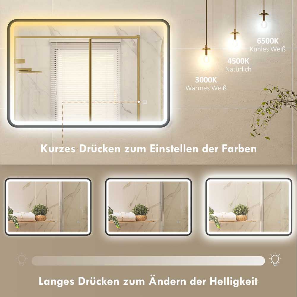 90 x 60 cm LED vonios veidrodis, šviesos, 3 spalvos, pritemdomas, atminties funkcija, horizontalus ir vertikalus, juodas