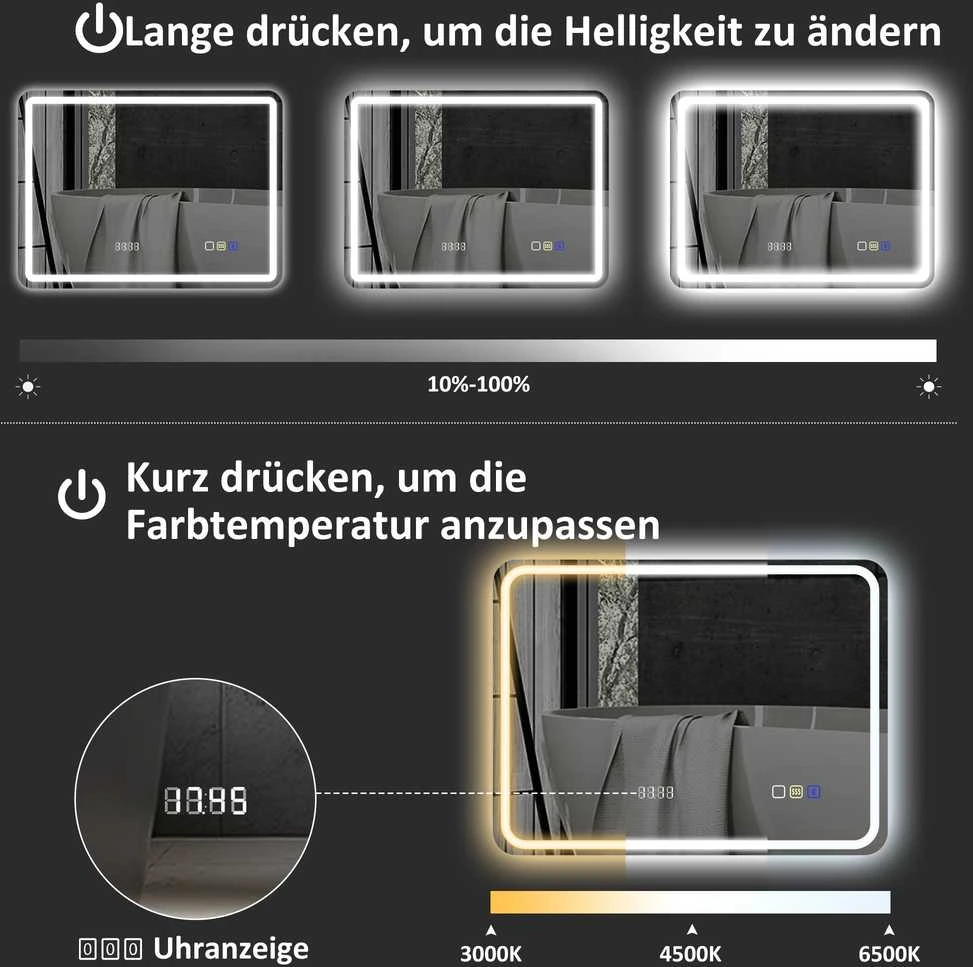 HOMCOM vonios veidrodis su apšvietimu 70x90 cm, LED veidrodis, sieninis veidrodis su Bluetooth muzikos funkcija, laikrodis, jutiklinis jungiklis, atminties funkcija, šviesos veidrodis be rasojimo, su 3 šviesos spalvomis, sidabrinis