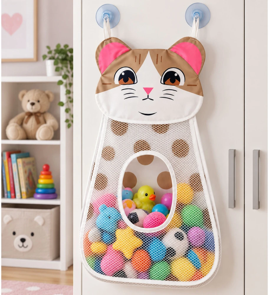 Lean Toys Krepšys Organizer su Przyssawkami Na Žaislai Do Kąpieli Kotek Kreminis 50 cm