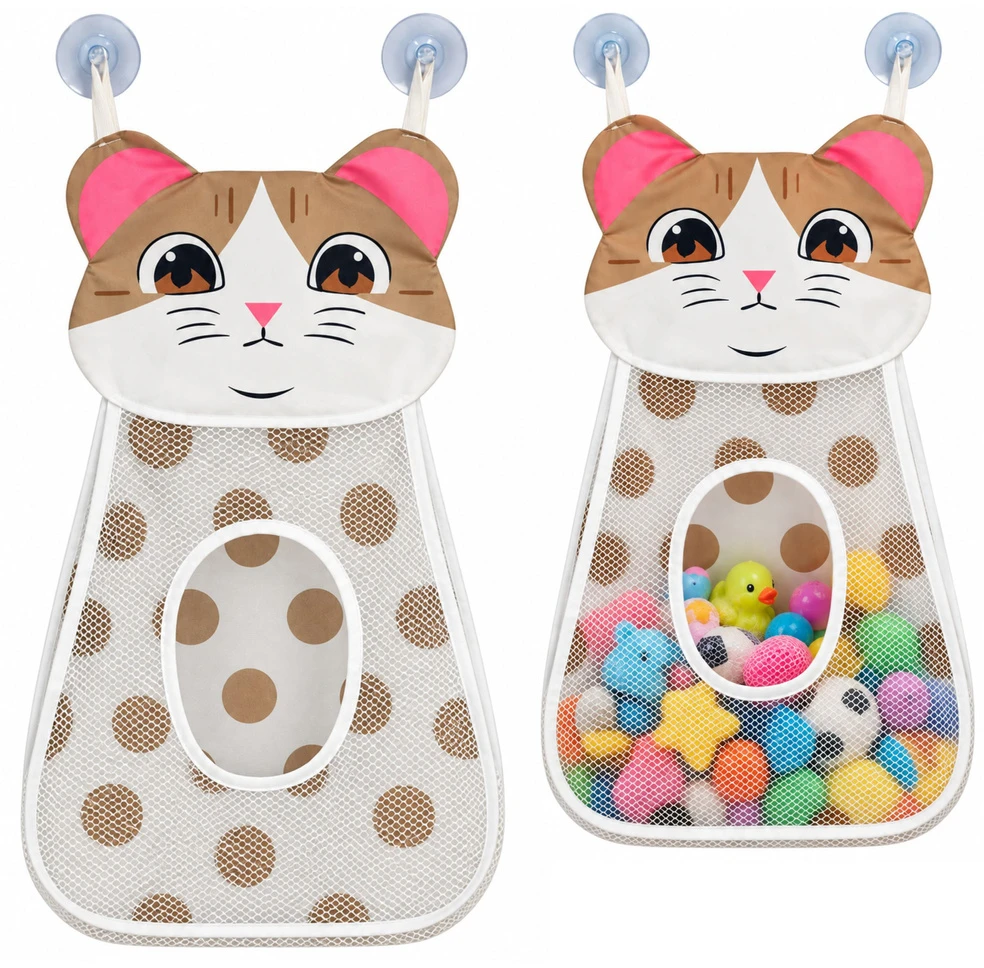 Lean Toys Krepšys Organizer su Przyssawkami Na Žaislai Do Kąpieli Kotek Kreminis 50 cm