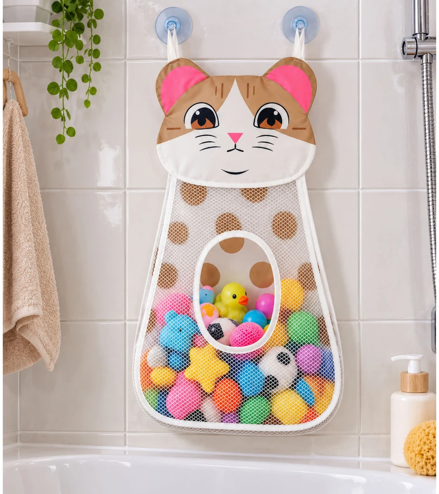 Lean Toys Krepšys Organizer su Przyssawkami Na Žaislai Do Kąpieli Kotek Kreminis 50 cm