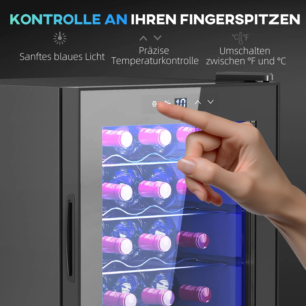 HOMCOM vyno šaldytuvas, 20 butelių, 53 l, 5–18 ℃, kompresorinis gėrimų šaldytuvas su anti-UV stiklo durelėmis, butelių šaldytuvas su LED apšvietimu, mažas vyno šaldytuvas su jutikliniu ekranu, juodas