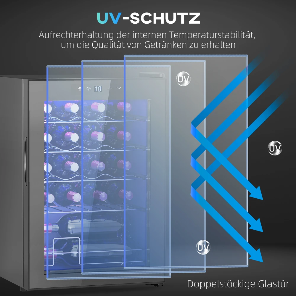 HOMCOM vyno šaldytuvas, 20 butelių, 53 l, 5–18 ℃, kompresorinis gėrimų šaldytuvas su anti-UV stiklo durelėmis, butelių šaldytuvas su LED apšvietimu, mažas vyno šaldytuvas su jutikliniu ekranu, juodas
