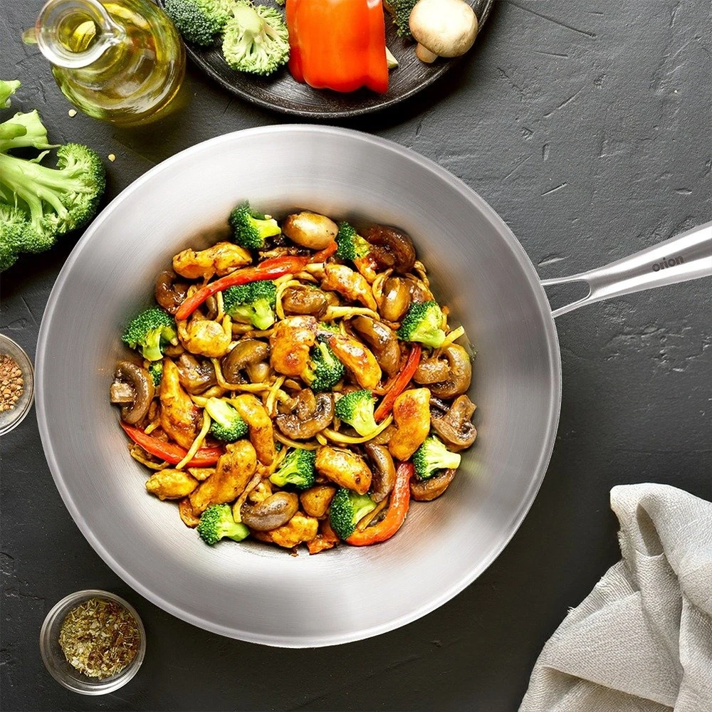 Wok keptuvė iš trijų sluoksnių nerūdijančiojo plieno, sidabrinė, 30 cm